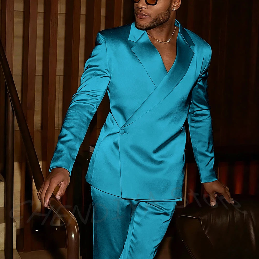 Fashion Notch Lapel Satin Men Suit High Quality Single Button Slim Fitted Outfit Jacket Pants Model Show Party Prom Male Set