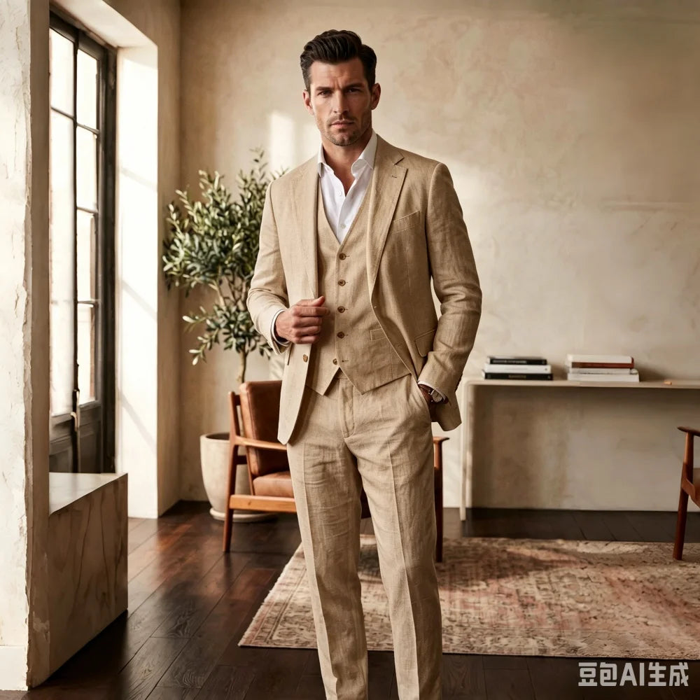 3 Pieces Linen Breathable Suit Separates Blazer with Vest Pants for Men Summer Beach Wedding Casual Party Suits for Men Suits
