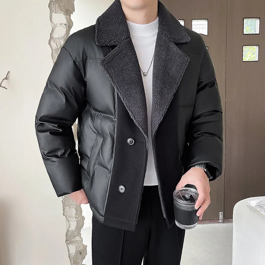 PFHQ Winter Lamb Wool Collar Thick Cotton Coat Jacket 2024 Long Sleeve Patchwork PU Leather Coat Luxury Male Tops Fashion