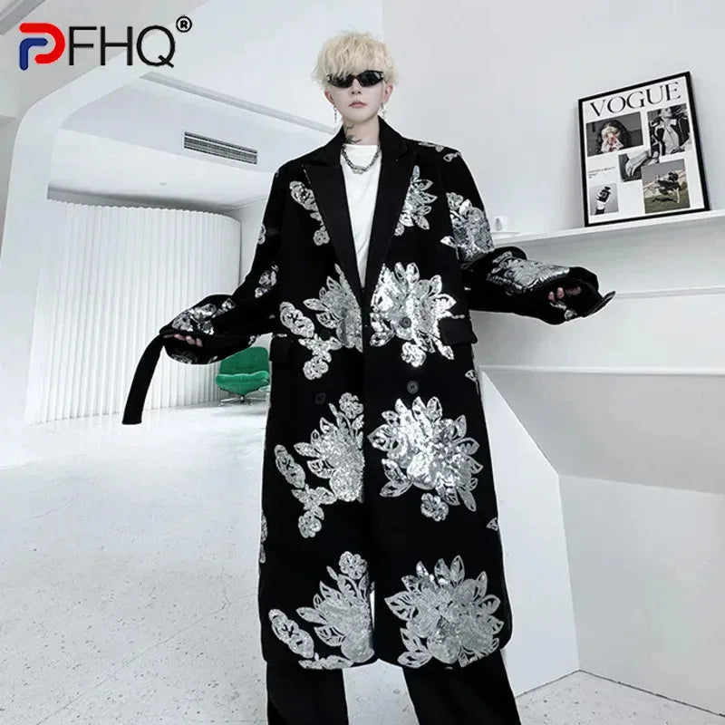 PFHQ Men's Woollen Overcoats Niche Design Casual Bead Embroidery Belt Autumn Double Breasted Contrast Color Male Trench 9C8117