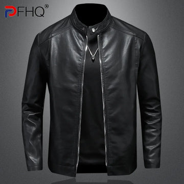 PFHQ Men's Motorcycle PU Leather Jacket Autumn Winter 2024 New Casual Versatile Slim Fit Plush Thick Oversized Male Tops 21Z7043