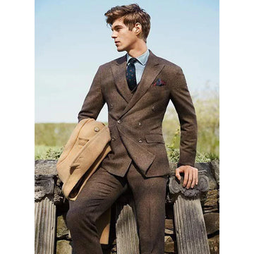 Elegant Men's Suit Jacket Pants Wool Tweed Slim Casual Fashion Design Double-breasted Pants Men's Full Set