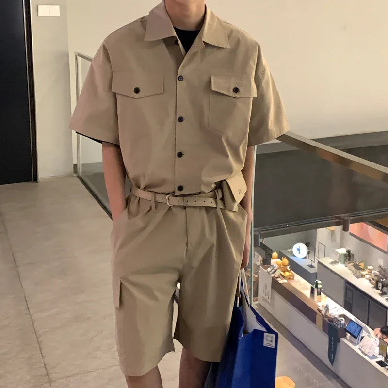 American Fashion Work Overalls Men's Retro Trendy Shirts Korean Style Trendy Jumpsuits Handsome Tops Aesthetic Urban Streetwear