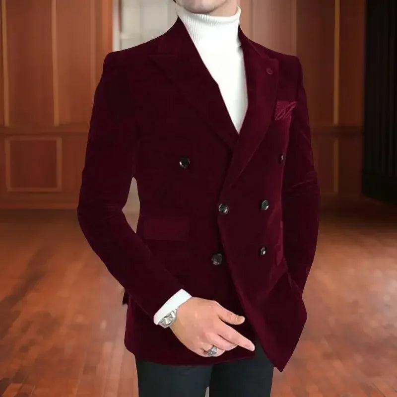 Italian Style Men Suit Jacket Slim Fit 1 Piece Peak Lapel Velvet Smoking Male Fashion Blazer Double Breasted Wedding Suit 2025
