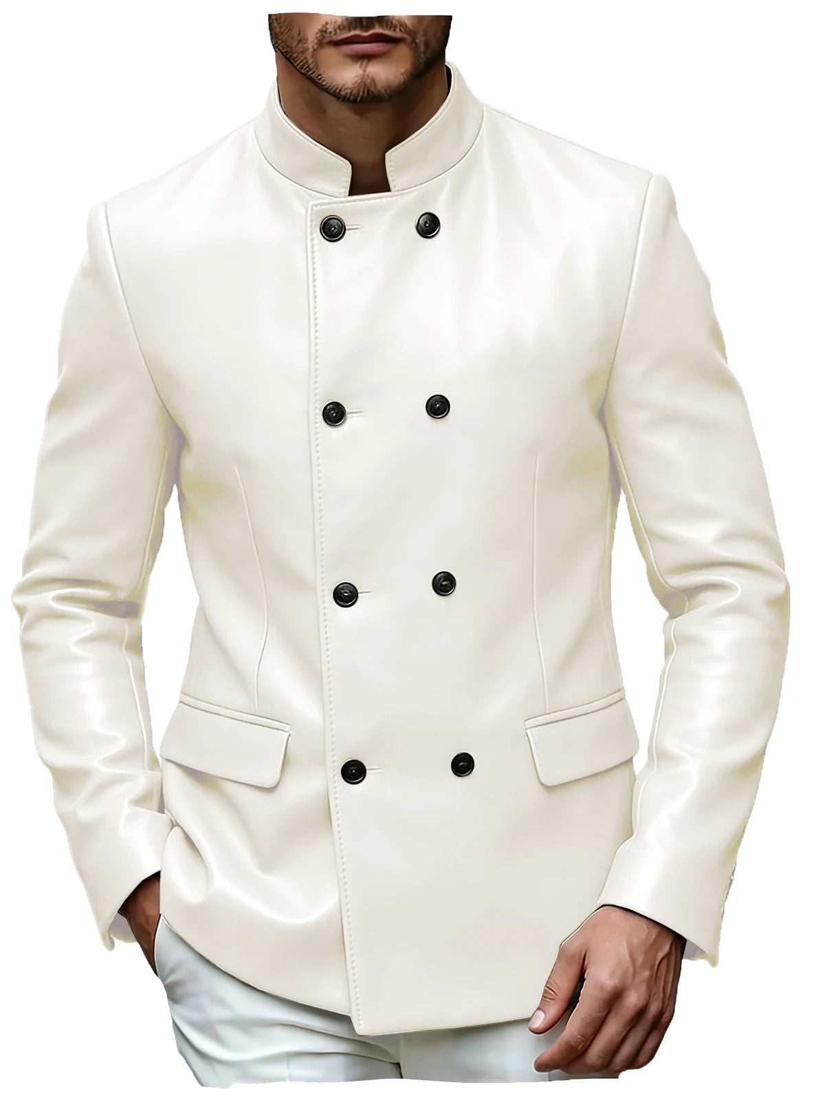 Men's Blazer Stand Collar Faux Leather Jacket High Quality Double Breasted Slim Fit Casual Coat For Business Office Outerwear