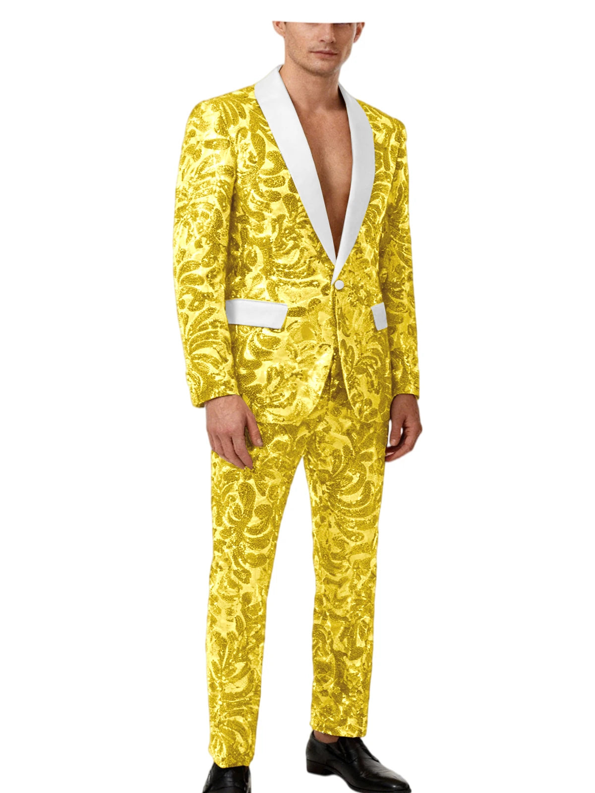 Men's Sequin Paisley Tuxedo Set Suit White Satin Shawl Lapel Slim Fit 2 Piece Blazer+Pants For Wedding Prom Party Suit Plus Size