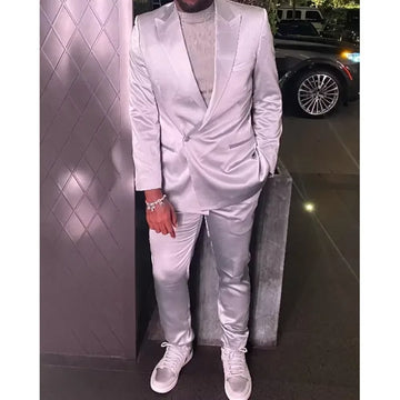 Silver Satin Men Suits 2 Piece Chic Peak Lapel Casual Daily Suit Single Button Formal Evening Party Tuxedo (Blazer+Pants)