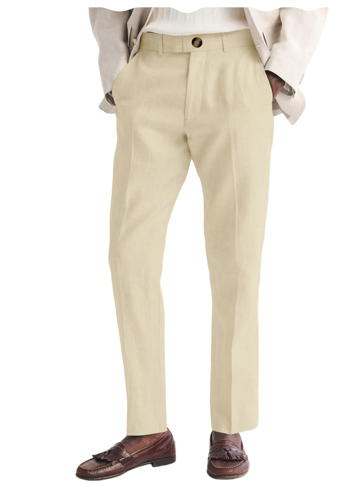 Men's Linen Straight Fit Pants Wrinkle-Resistant Lightweight Breathable Flat-Front Casual Trousers Expandable-Waist For Summer