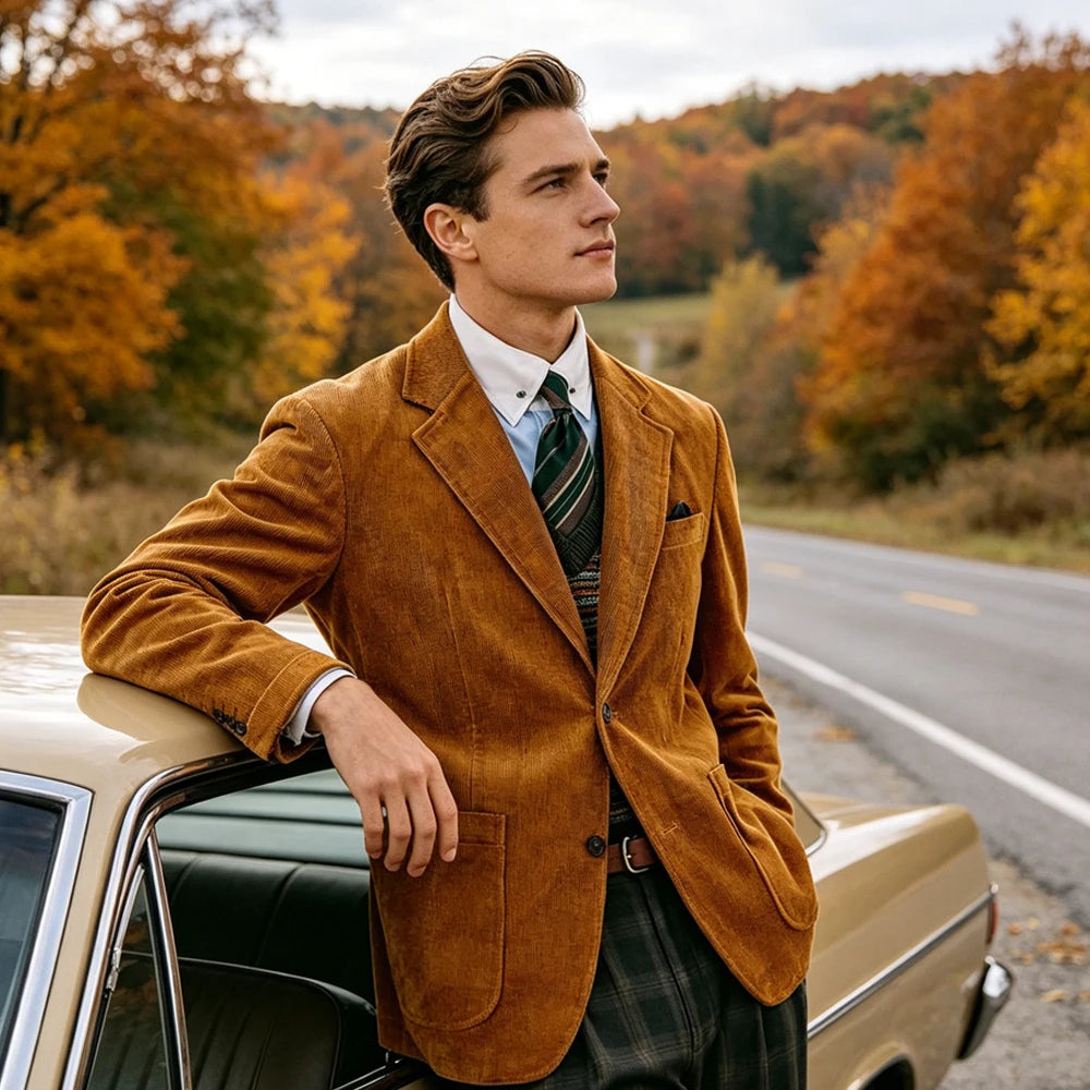 Men's Corduroy Blazer British Style Notched Lapel Casual Slim Fit Suit Jacket For Business Wedding Daily Wear Party