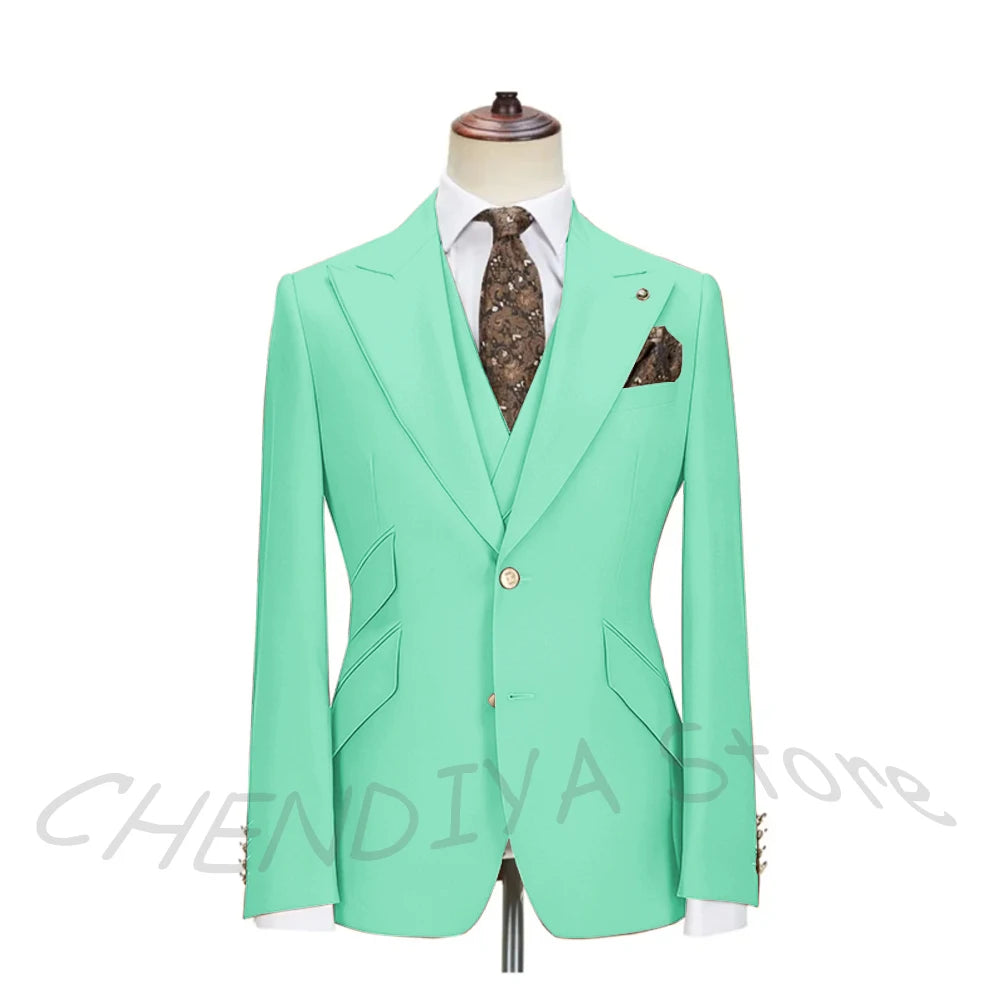 Solid Color Men's Suits 3 Piece (Blazer+Pants+Vest) Fashion Peak Lapel Single Breasted Prom Male  Business Casual Clothing