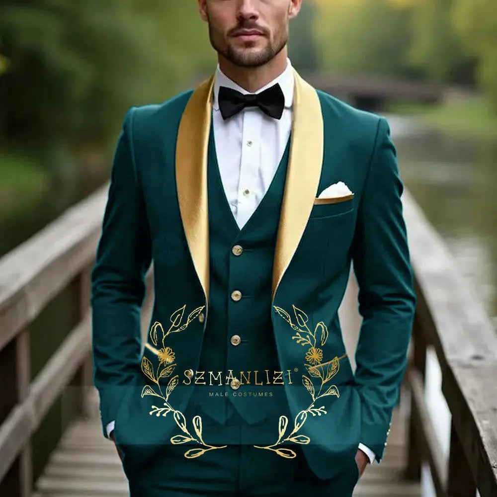 Oil Green Men Suit Business Tuxedo Formal Gold Satin Lapel Groom Groomsman Wedding Party Prom Male 3 Piece Set Blazer Vest Pants