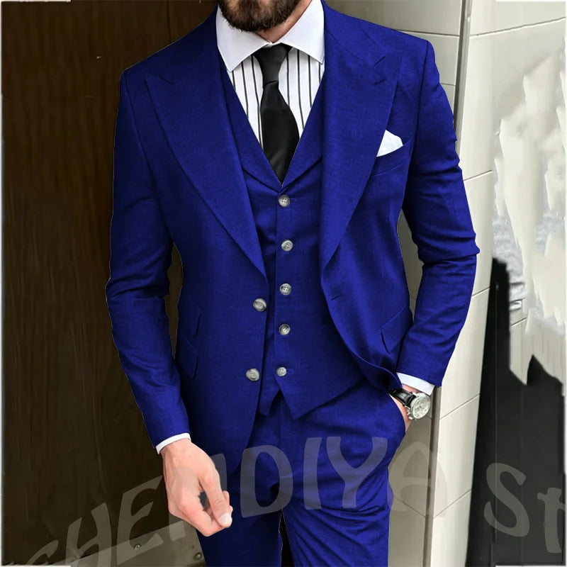 Light Gray Men Suit Business Three Piece Classic Design Single Breasted Peaked Lapel Blazer Vest Pants Formal Office Party Set