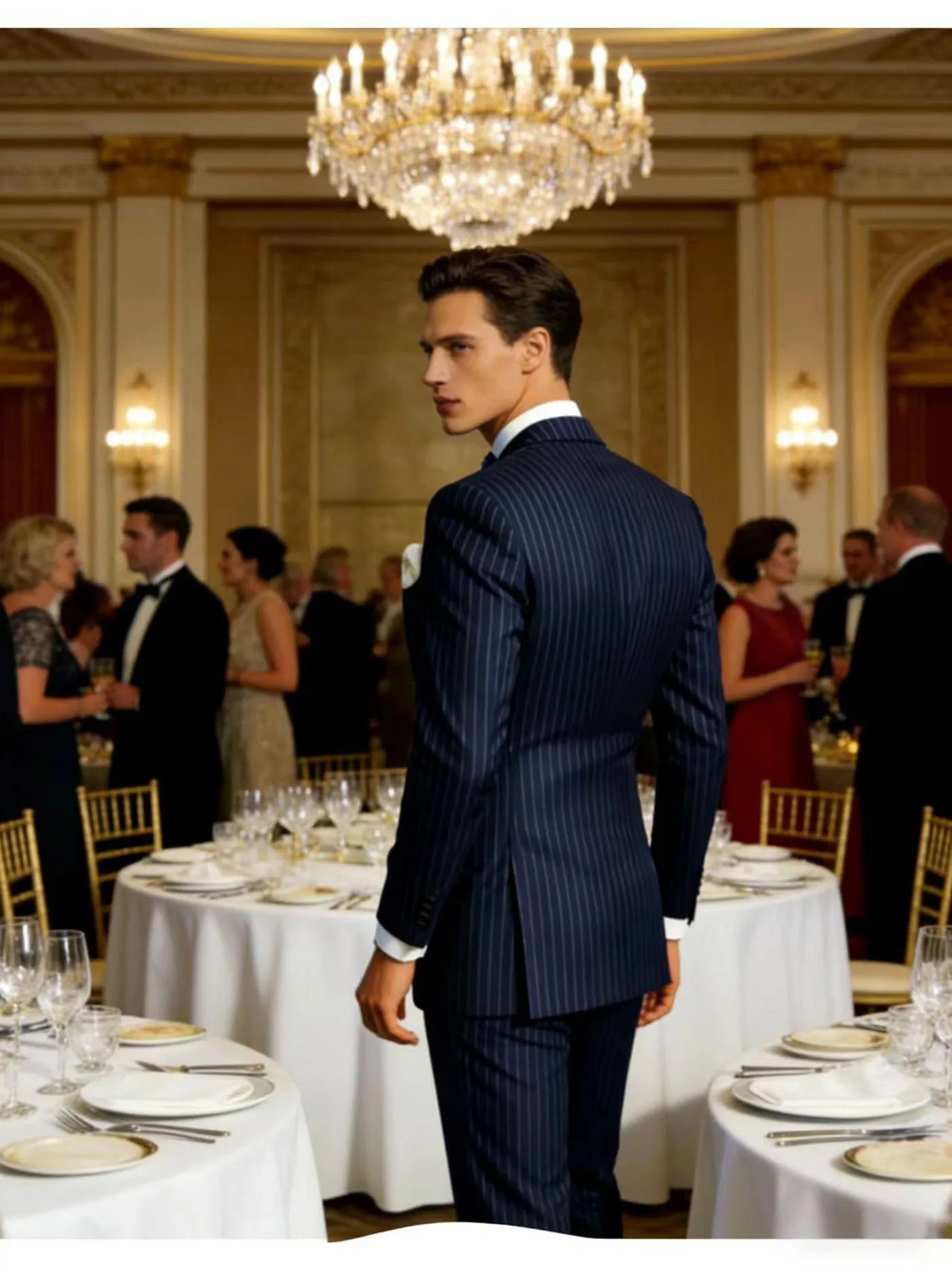 Mens Pinstripe Suit Tuxedo 2-Piece Slim Fit Blazer Pants Set Formal Business Wedding Jacket Trousers For Spring