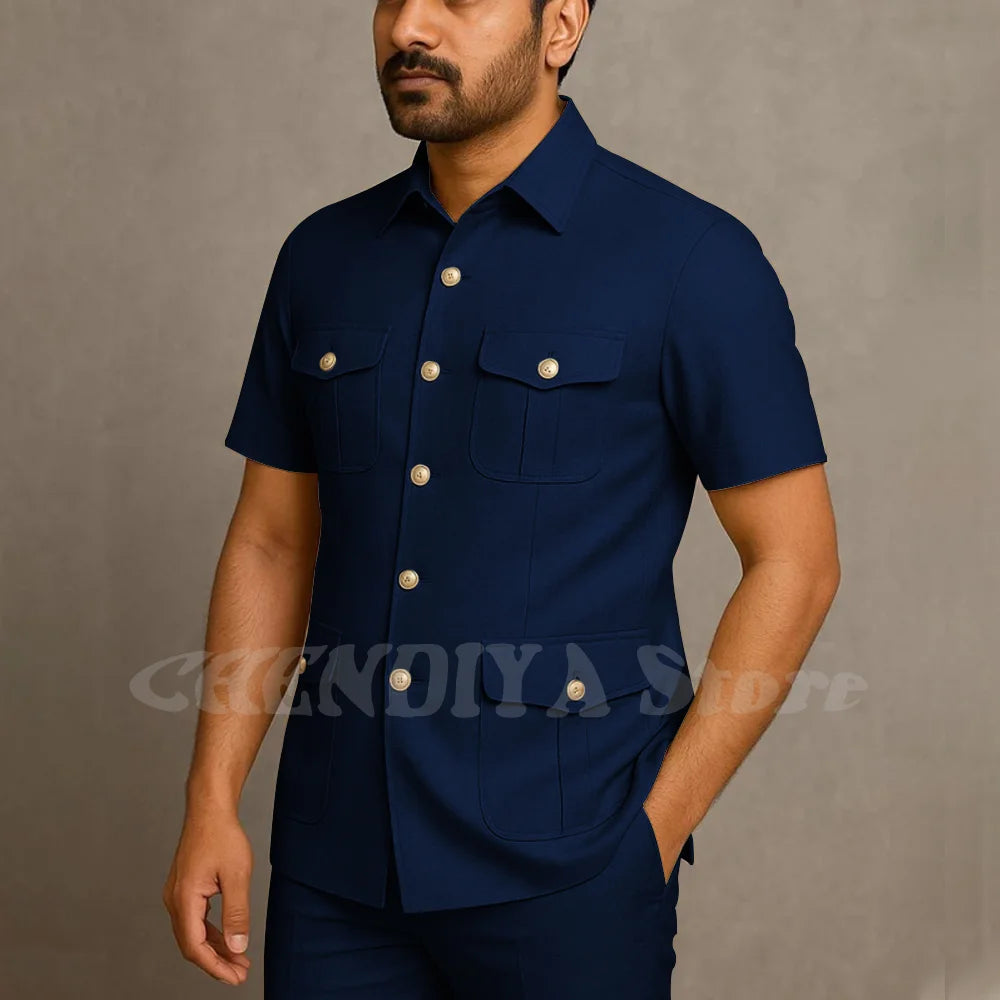 Solid Color Men Suits Safari Style Stand Collar Single Breasted Slim Fit Outfits Smart Casual Office Work Social Daily Set