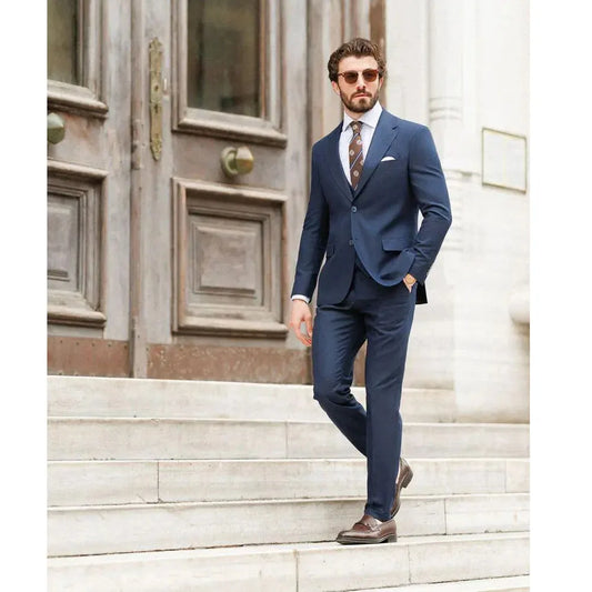 Luxury Navy Blue Men Suits High Quality Business Outfits 2 Piece Jacket Pants Single Breasted Notch Lapel Slim Fit Full Set 2024