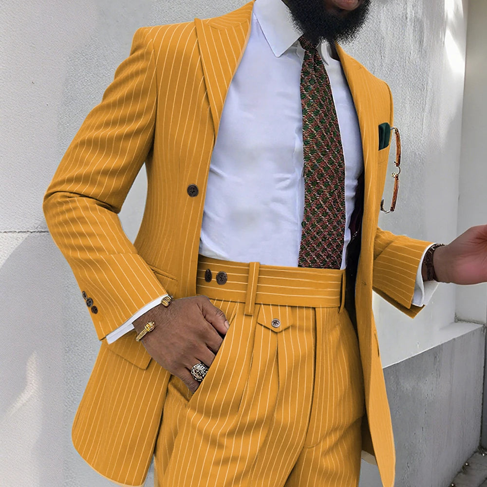 Brown Stripe Men Suits 2 Piece Chic Double Breasted Business Casual Outfits Fashion Peak Lapel Wedding Tuxedo (Jacket+Pants)