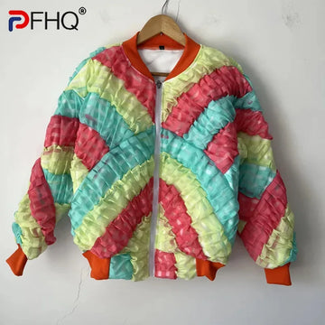 PFHQ Colorful Contrasting Pleat Designer Niche Men's Fashion Cardigan 2024 Contrast Long Sleeve Male Tops Casual 21Z7085