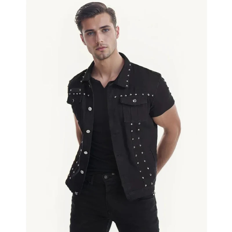 DIMUSI Spring Autumn Mens Vest Vintage Denim Jeans Vest Male Black Sleeveless Jackets Men Rivet Hole Jeans Waistcoats 5XL,TA338