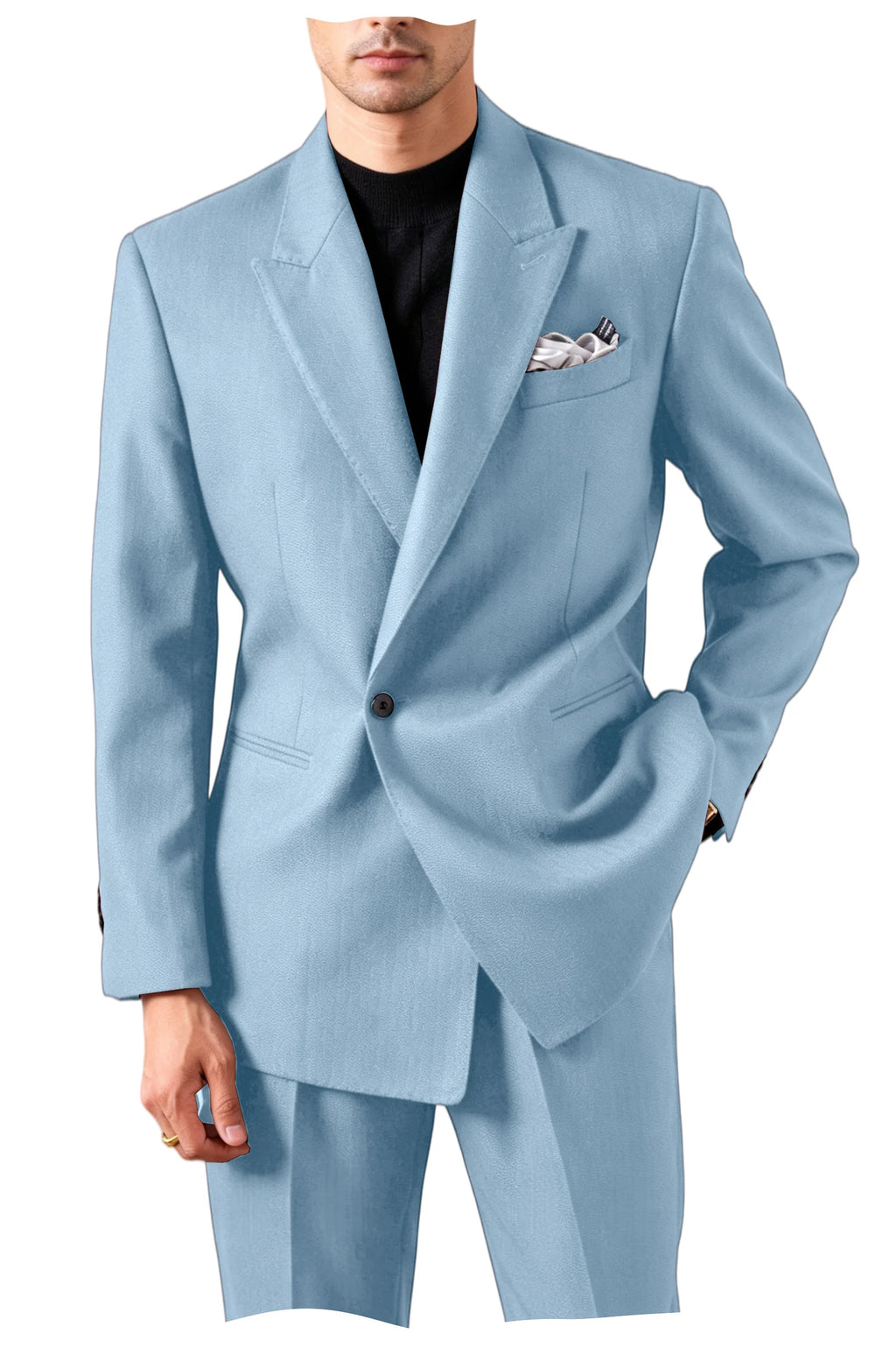 Men's Serge Suit Set Jacket Premium One Button Peak Lapel Slim Fit Tuxedo 2 Piece Blazer Pants Casual Business Wedding Formal