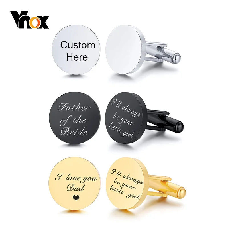 Vnox Customized Engrave Men's Cufflinks Geometric Stainless Steel Metal Cuff Links Personalized Gents Sleeve Nail Gift for Him