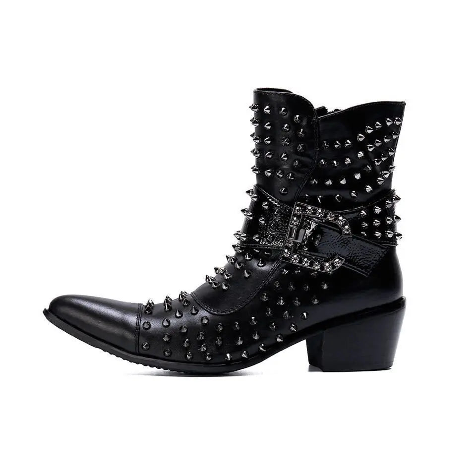 Men's Belt Buckle Rivet Slip On Boots with Heels Metal Toe singer model personality high heel pointed Leather Boots Men's shoes