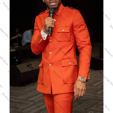 Chic Bright Orange Single Breasted Men Suit Two Pieces(Jacket+Pants) Outfits Casual Party Prom Wedding Set
