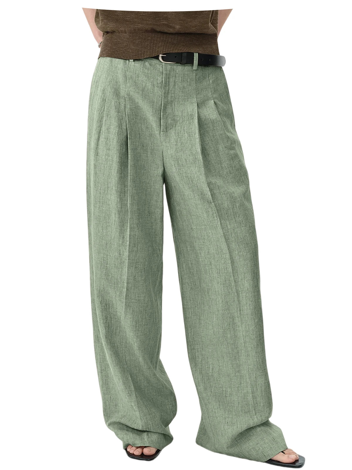 Men Linen Wide Leg Pants High Waist Pleated Casual Trousers Breathable Loose Straight Suit Pants Streetwear
