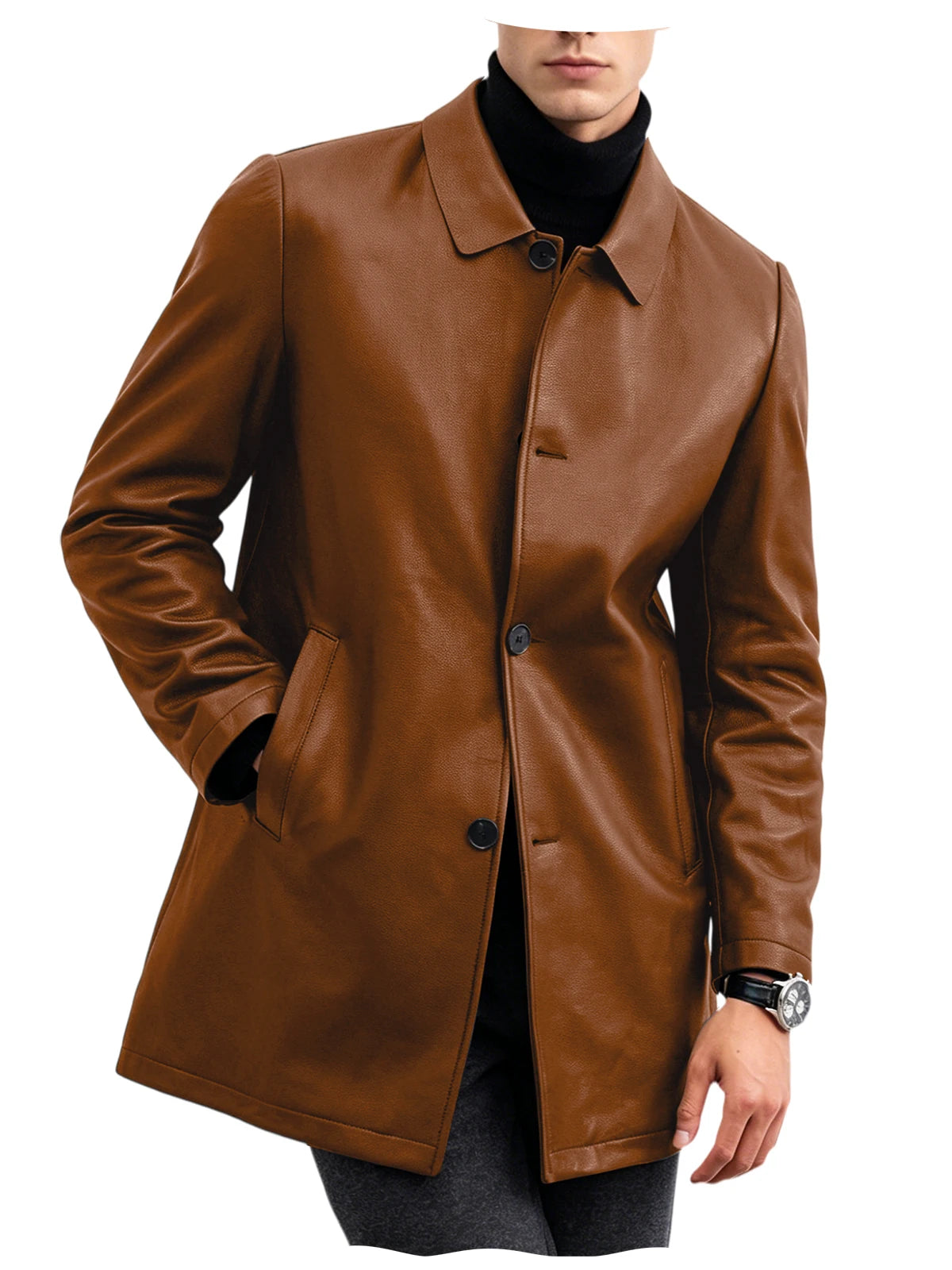 Men Premium Leather-Like Trench Coat Turn-Down Collar Single Breasted Mid-Length Overcoat Classic Slim Fit Business Casual Wear