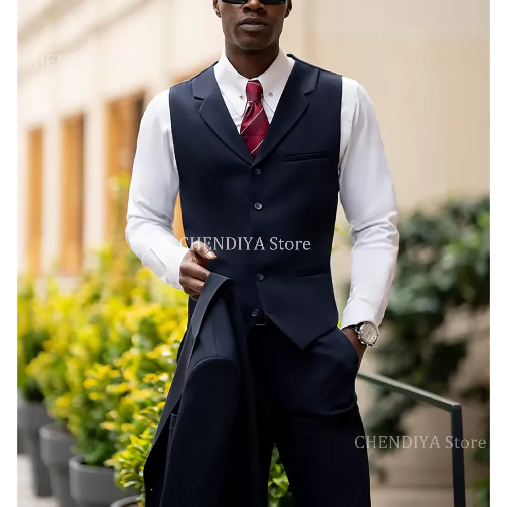 Navy Blue Men Suits Fashion Peak Lapel Single Breasted Tuxedo Special Occasion Business Meeting Formal Outfits Jacket Pants Vest