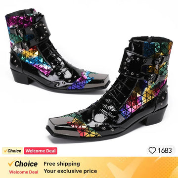 Buckle Vintage Snake PatternAnkle Boots for Men Luxurious Workwear Leather Boots Metal Rivets Square Toe Punk Style Men's Shoes