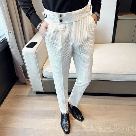 Autumn Winter Pantalones Hombre High waist Waffle Business Casual Suit Pants For Men Clothing Slim Fit Formal Wear Trousers 36