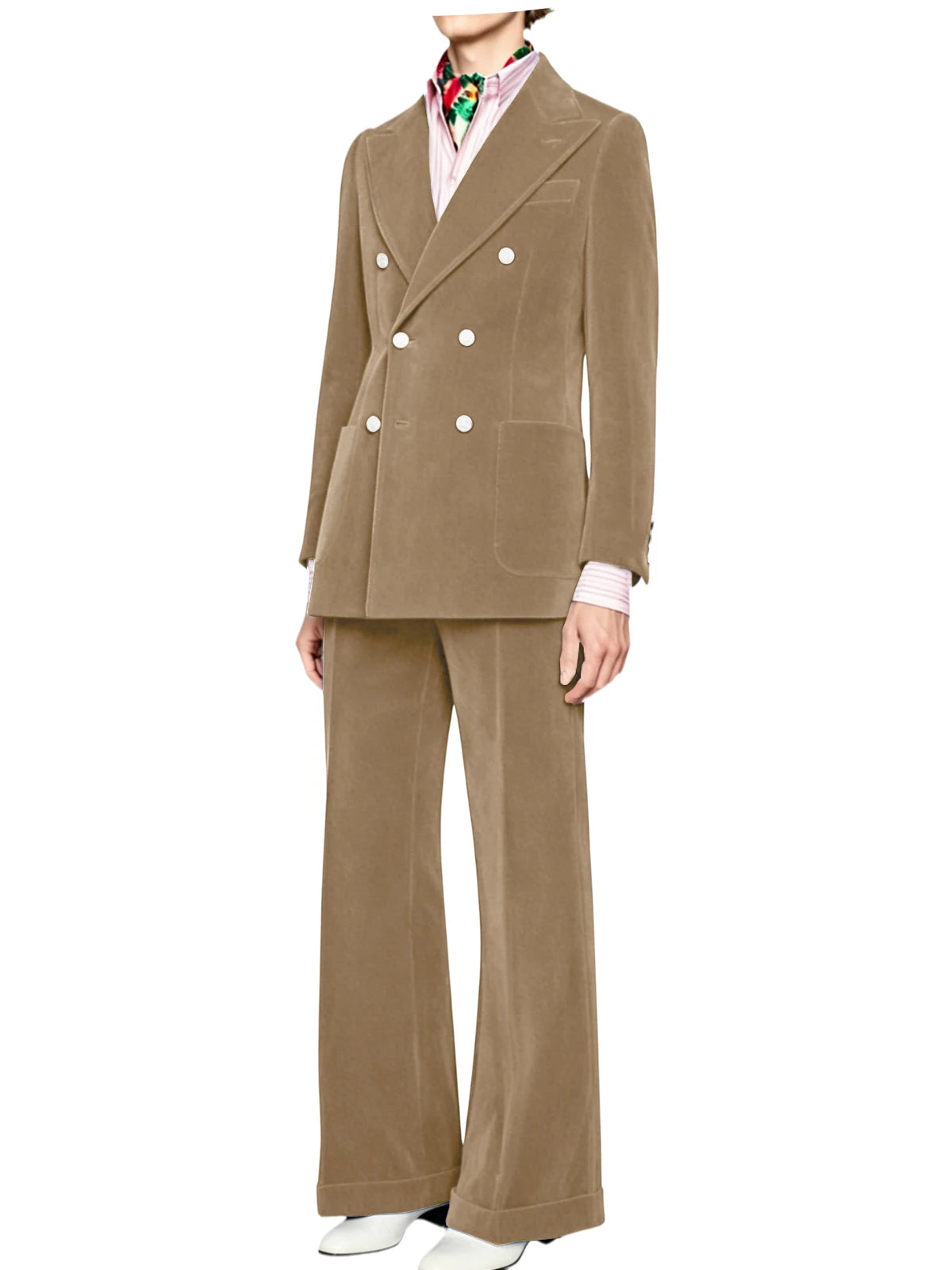 Men's Velvet Double Breasted 2 Piece Suit Set Slim Fit Peak Lapel Formal Straight Leg Pants Suit For Party Wedding Daily Wear