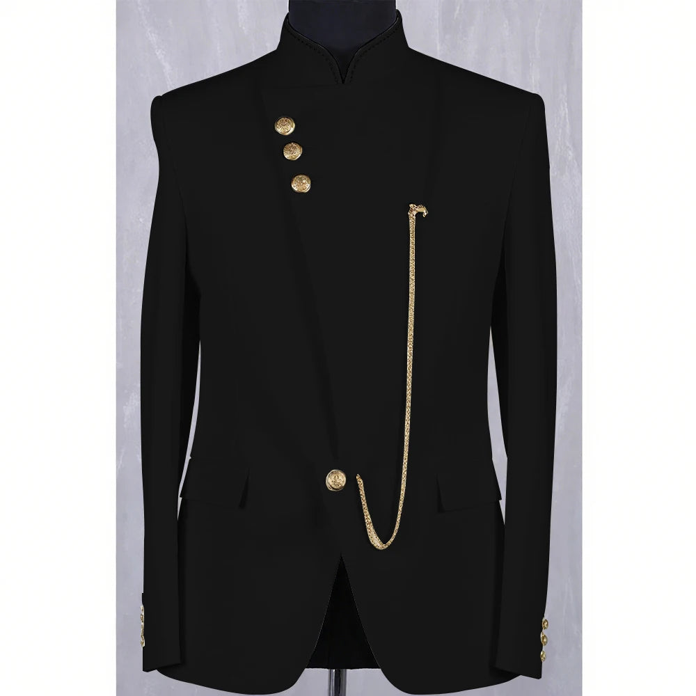 High Quality Blue Men Suit Casusl Blazer Single Breasted Stand Collar African Slim Fit Modern Style Outfits Jacket Pants
