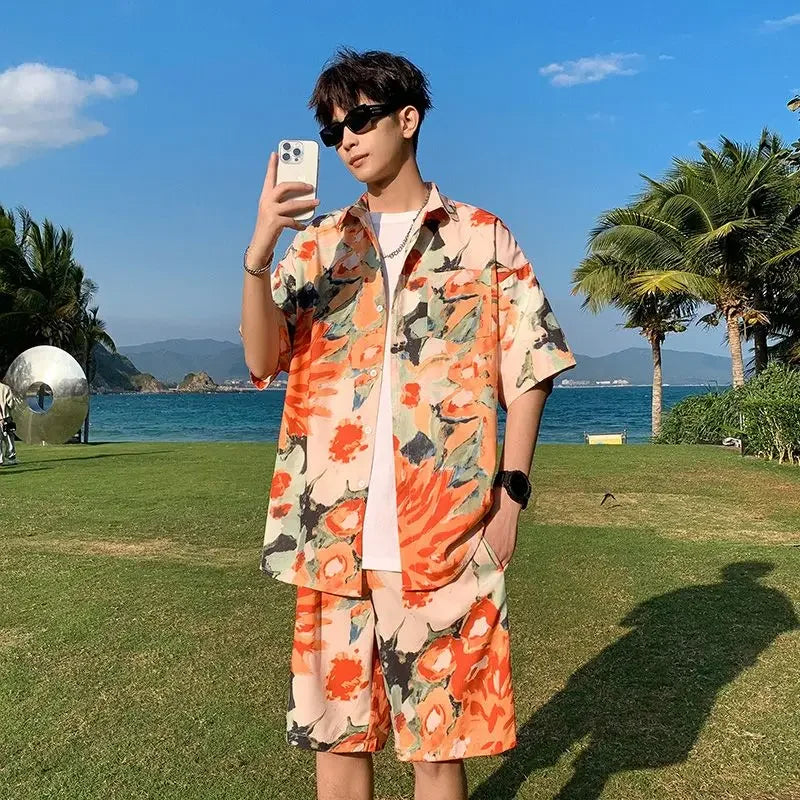 Cardigan Printed Male Shirts Short Sets Breathable Beach Quickly Dry Quarter Sleeve Two-piece Baggy Kpop Tee Men's Shorts Set