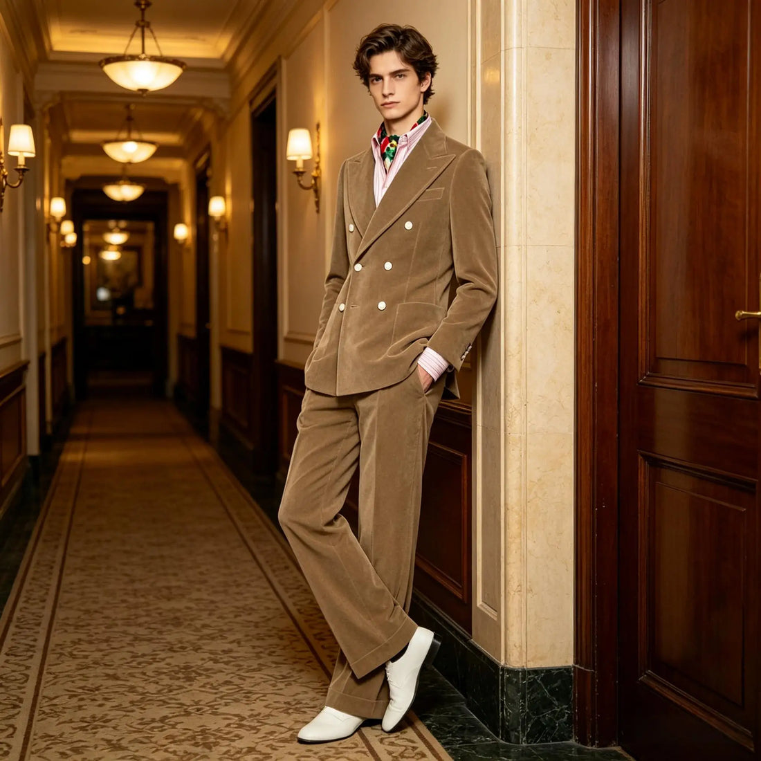 Men's Velvet Double Breasted 2 Piece Suit Set Slim Fit Peak Lapel Formal Straight Leg Pants Suit For Party Wedding Daily Wear
