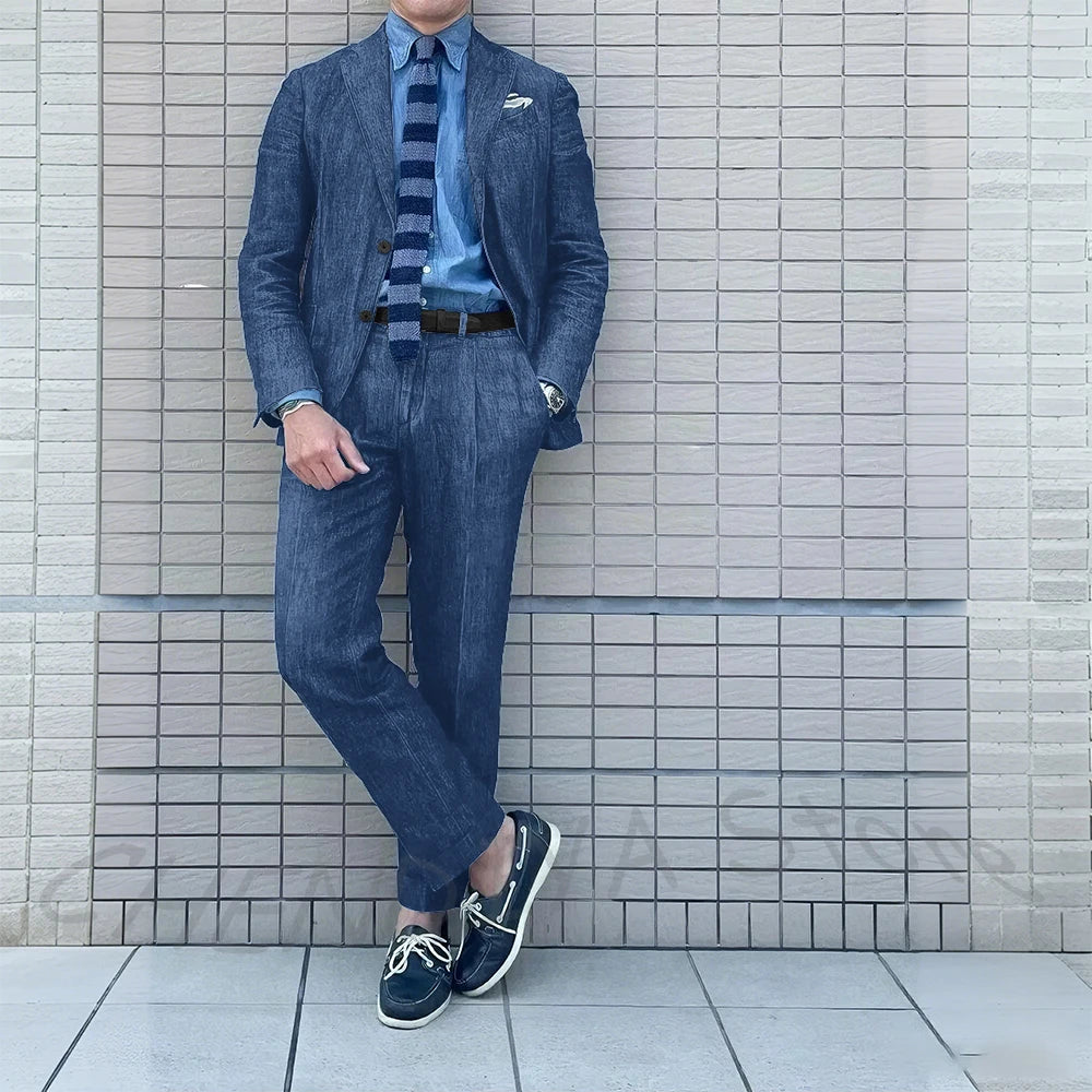 Denim Men Suits Tailor-Made 2 Pieces Slim Fit Coat Pants Prom Tuxedos Wedding Groom Formal Work Casual Tailored Costume Homme