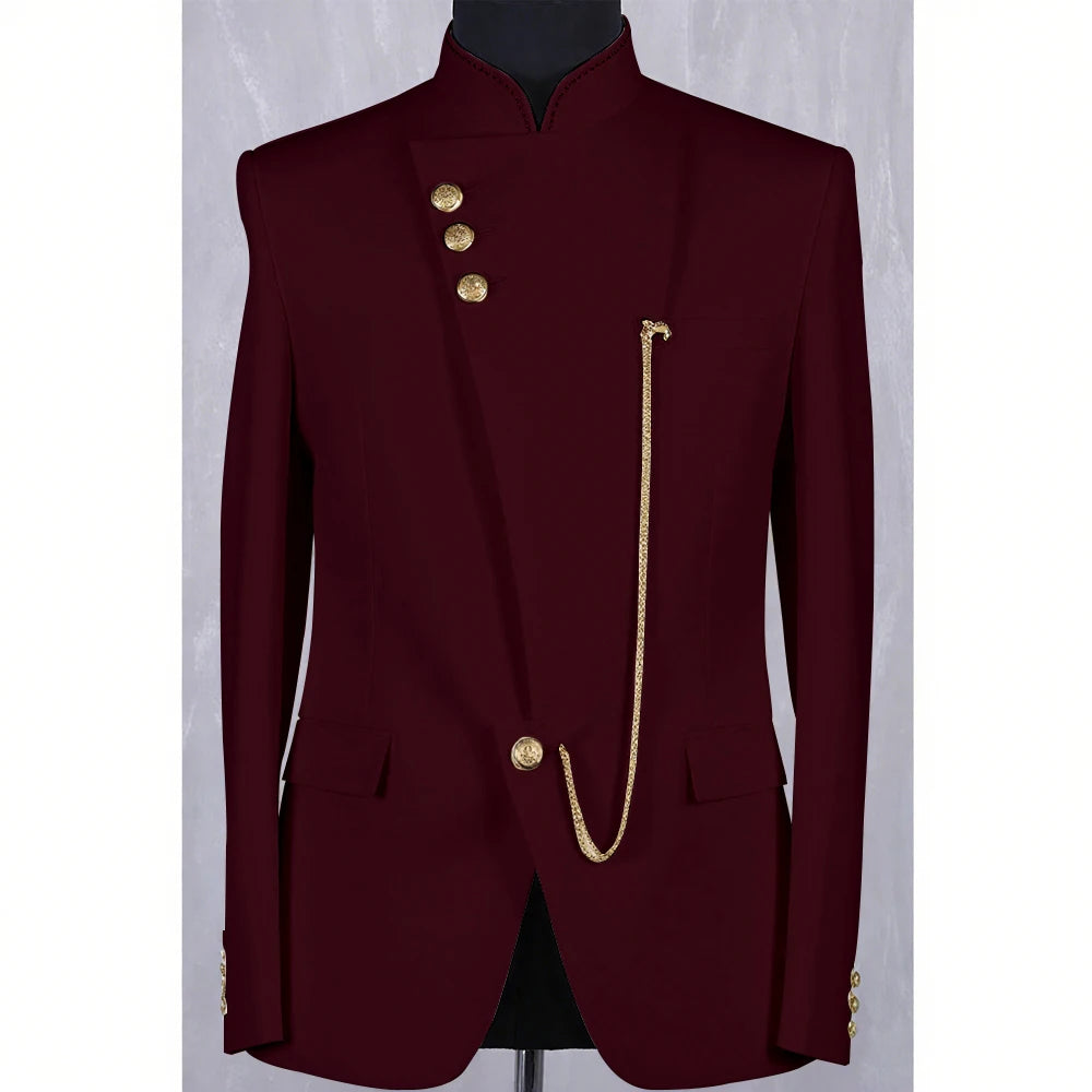 High Quality Blue Men Suit Casusl Blazer Single Breasted Stand Collar African Slim Fit Modern Style Outfits Jacket Pants