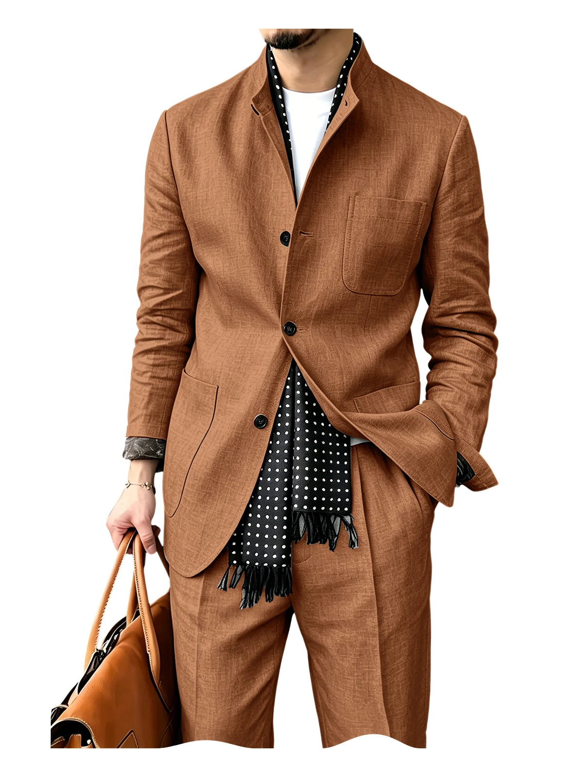 Men's Linen Blend 2 Piece Suit Set Stand Collar Three Button Breathable Casual Blazer Pants For Business Daily Wear Summer