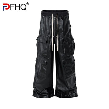 PFHQ Trendy American Street Men's Work Pants PU Leather Pocket Wide Leg Trousers Solid Color Darkwear Male Casual 21Z7056