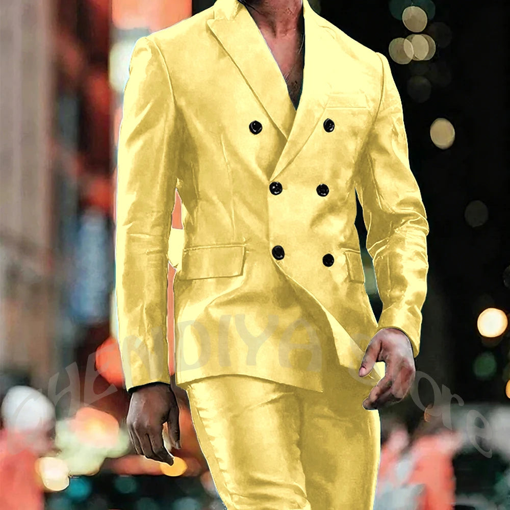 Elegant Satin Men Suit 2 Pieces Peaked Lapel Handsome Tailor-Made Custom Man Fashion Clothes Set Smart Casual Jacket Pants
