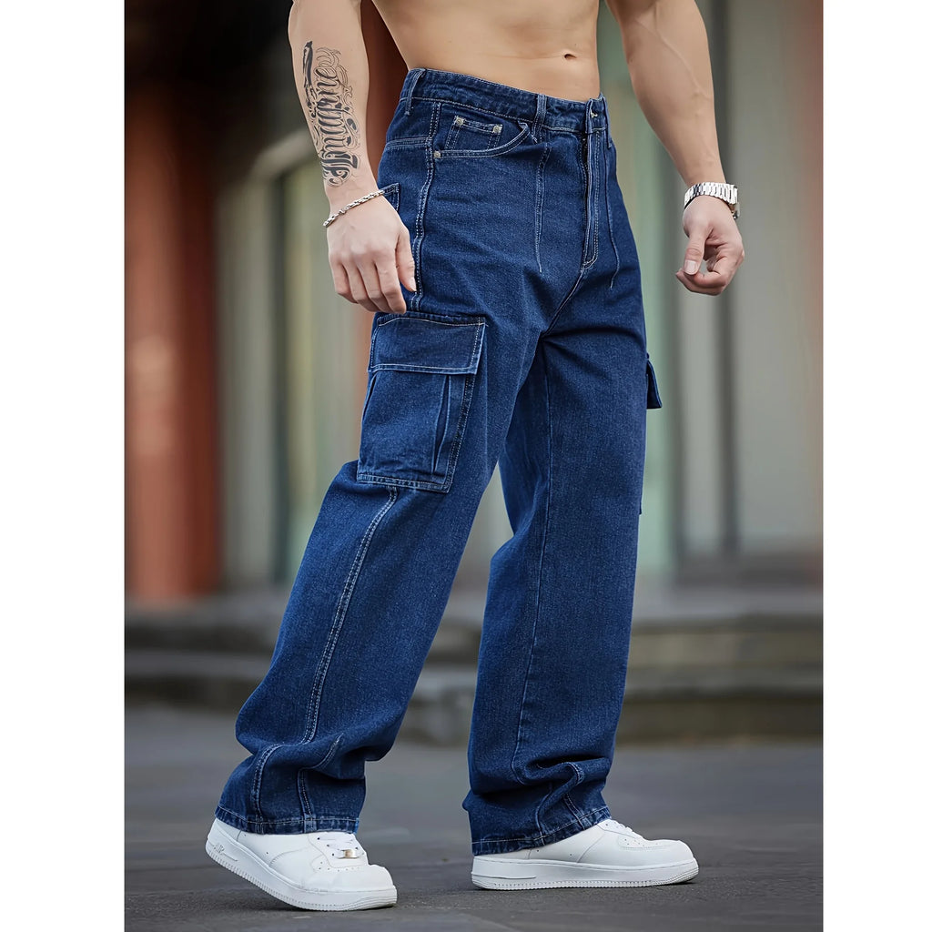 Men Multi Cargo Pocket Jeans Vintage Loose Wide Leg Straight Denim Pants Streetwear Hip Hop Workwear Trousers
