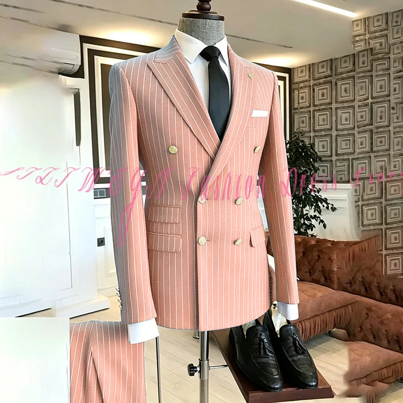 2025 Men's High-End Boutique Suit Stripe Trousers Set Wedding Party Fashion Business Casual Trendy Two-Piece Ensemble