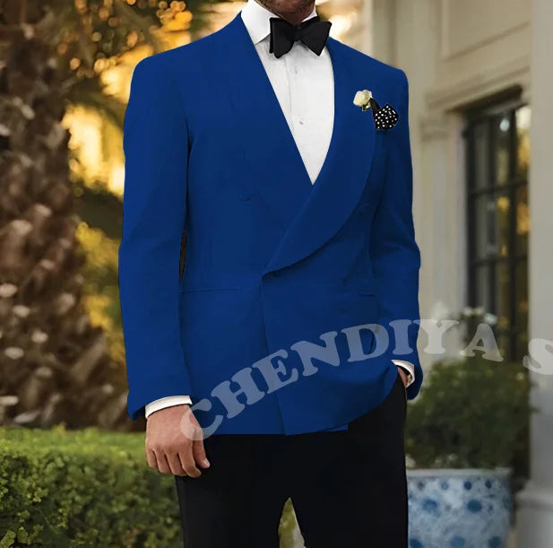 Double Breasted Men Suits Wedding Suit Groom Elegant Shawl Lapel 2 piece Slim Fit Man Set Jacket With Black Pants Formal Blazer