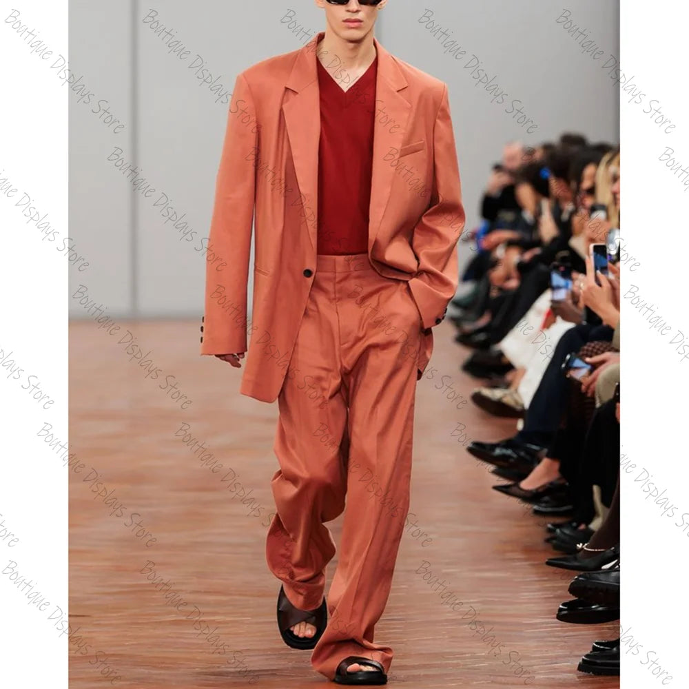 Loose Orange Single Breasted Men Suit Peaked Lapel Business Casual Formal Costume Homme  2 Pcs Set Jacket Pants
