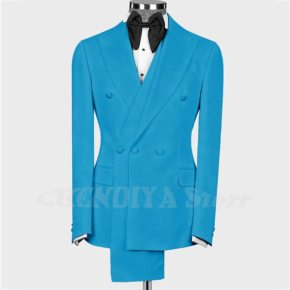 High Quality Man Suit Two Piece Peaked Lapel Slim Fit Jacket with Black Pants Formal Outfit Business Party Groom Wedding Set