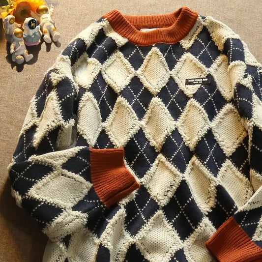 Autumn and Winter New Checkered Sweater Men's Trendy Brand Japanese Hong Kong Style Loose Retro Casual Trendy Knitted Sweater