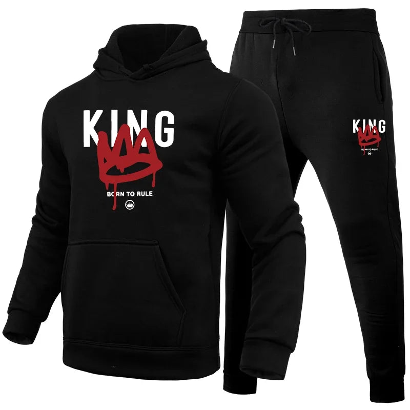 Men's King Printed Tracksuit Hoodies Sweatpants Autumn Winter Daily Casual Sporty Jogger Suits Home Outdoor Comfort Warm Outfits
