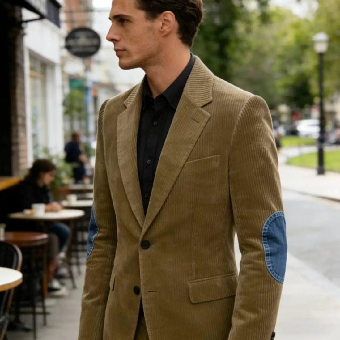 Vintage Men's Corduroy Blazer Jacket with Denim Elbow Patches Casual Business Notch Lapel Suit Sport Coats for Men Spring