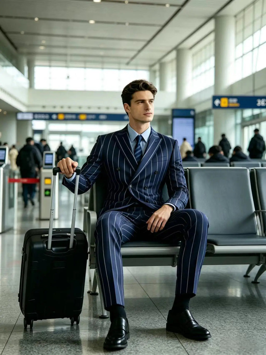 Men's Pinstripe 2 Piece Suit Set Double Breasted Peak Lapel Slim Fit Striped Tuxedo Suit For Wedding Prom Business Formal