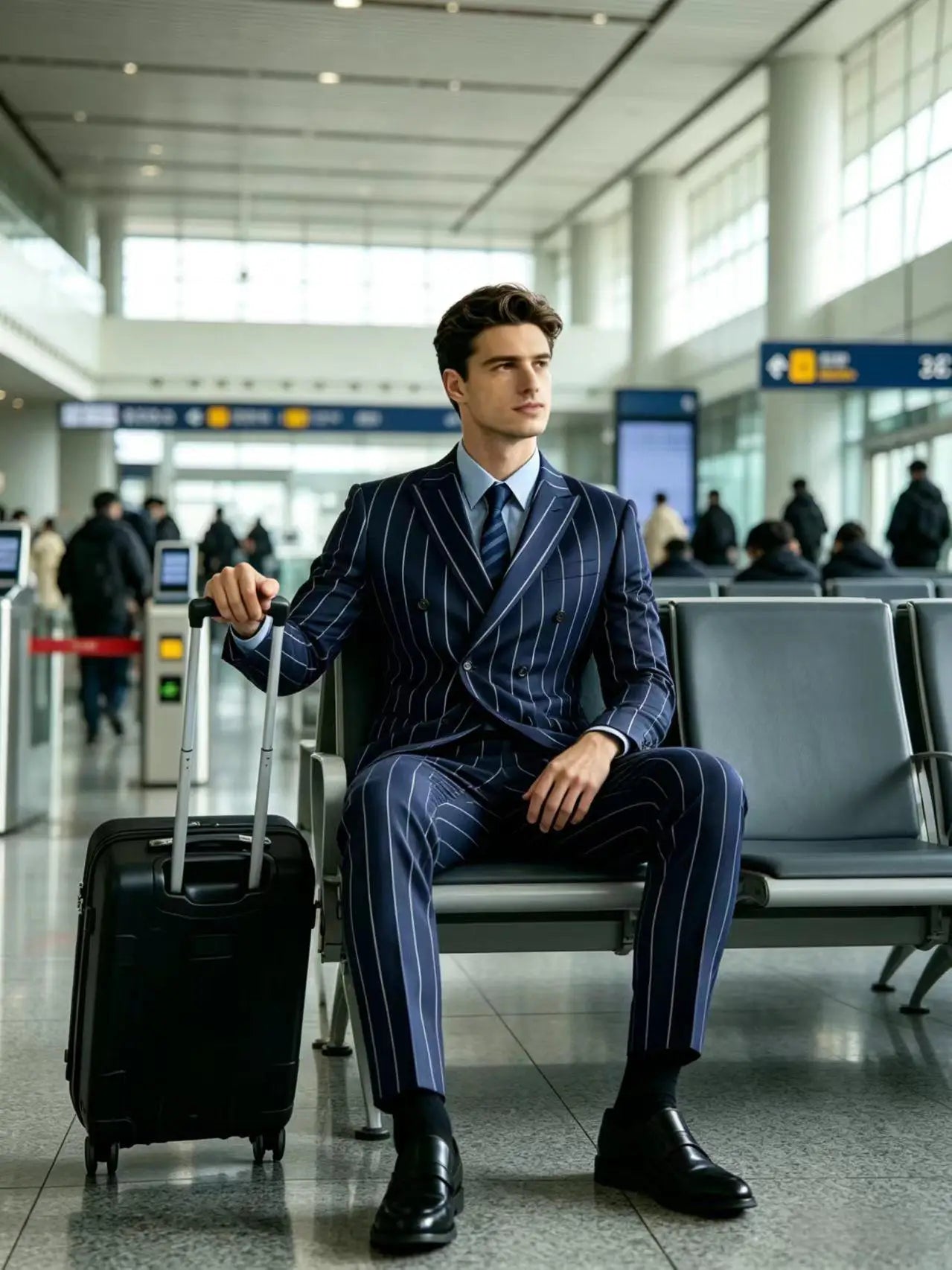 Men's Pinstripe 2 Piece Suit Set Double Breasted Peak Lapel Slim Fit Striped Tuxedo Suit For Wedding Prom Business Formal